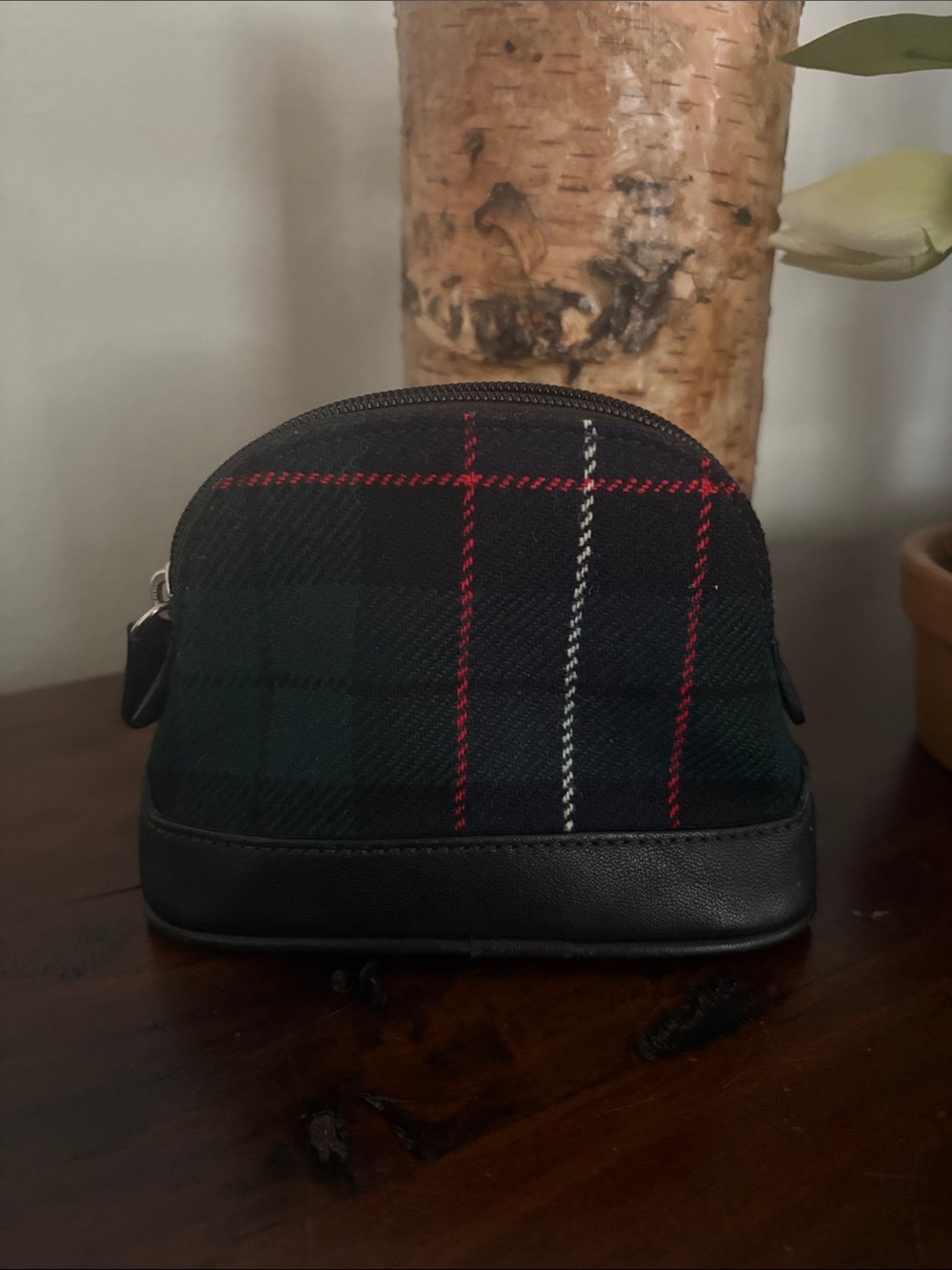 Coach green wool plaid Leather-Trim Cosmetic Bag - Picture 2 of 5